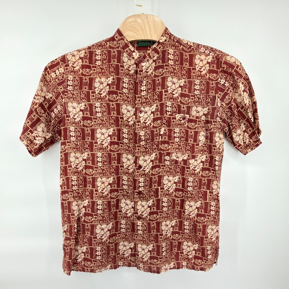 Scandia Woods Silk Shirt Mens Medium Burgundy Cream Floral Geometric Banded